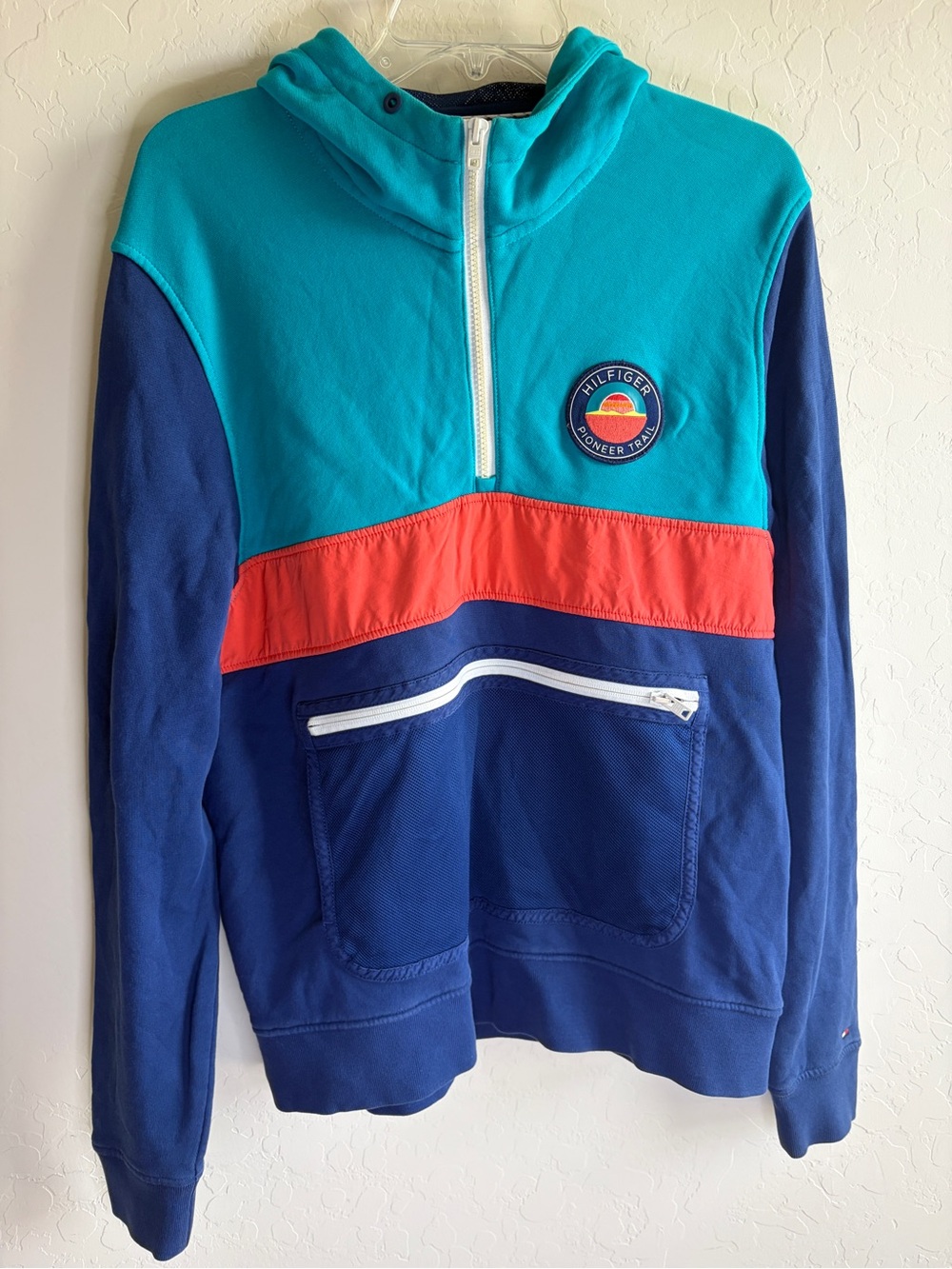 Tommy Hilfiger Men’s Colorblock Half-Zip Sweatshirt in Teal, Navy & Red